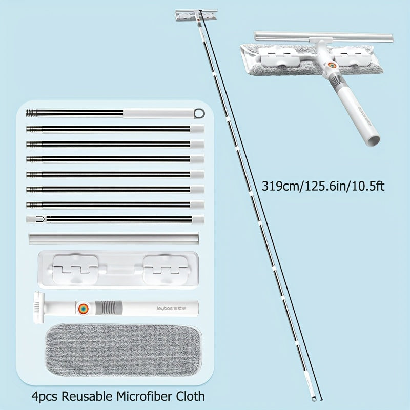 125.6inch Ultra Long 2-in-1Professional Window Scraping Mop, Double-Sided Squeegee And 4pcs Microfiber Cloth, Stainless Steel Telescopic Handle, Reusable, Effortless, Window Cleaning Without A Ladder, Outdoor Cleaning Tool, Mother'S Day Gifts