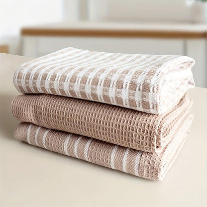 Soft Kitchen Towels 3pcs Set of Soft Absorbent Kitchen Towels | Large Size Durable Waffle Weave Dishcloth, Pure Green with Plaid and Striped Patterns, Easy to Clean and Dry - Perfect for Cooking, Baking and Tea Time