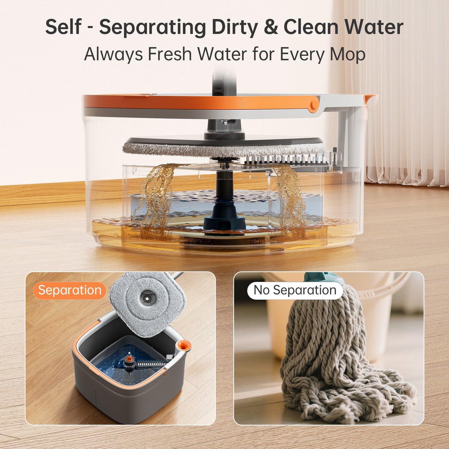 Spin Mop and Bucket Set w\u002F Self-Separation Dirty and Clean Water System, 360° Rotating Mop for Hardwood Tile Marble Floors - Includes 2\u002F 6pcs Refills
