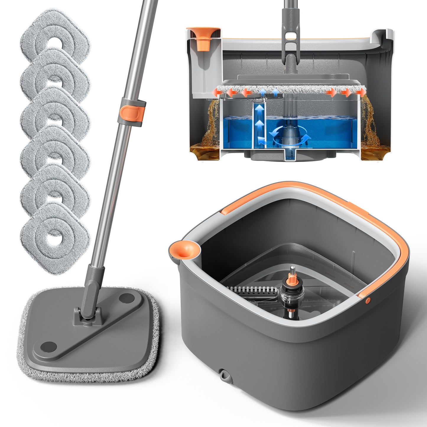 Spin Mop and Bucket Set w\u002F Self-Separation Dirty and Clean Water System, 360° Rotating Mop for Hardwood Tile Marble Floors - Includes 2\u002F 6pcs Refills