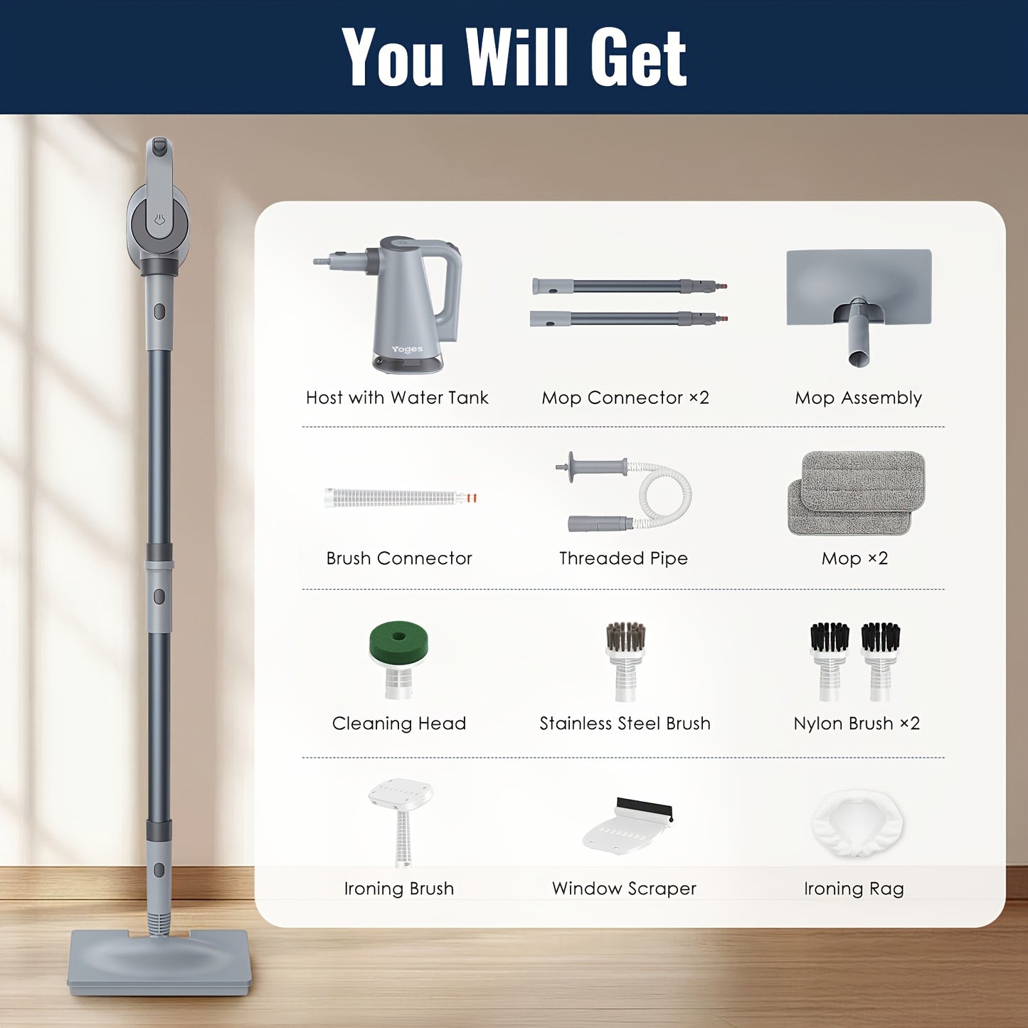 Steam mop, steam cleaner, detachable handheld carpet cleaner, household and floor cleaner, corded household steam cleaner, 10in 1 multifunctional accessory and 2 mats, powerful sofa steamer, hardwood, tiles, cement paste, windows, kitchen, bathroom